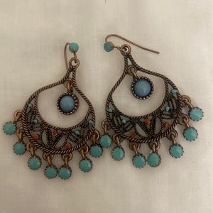 Bohemian dangling earrings with turquoise and amber color stones